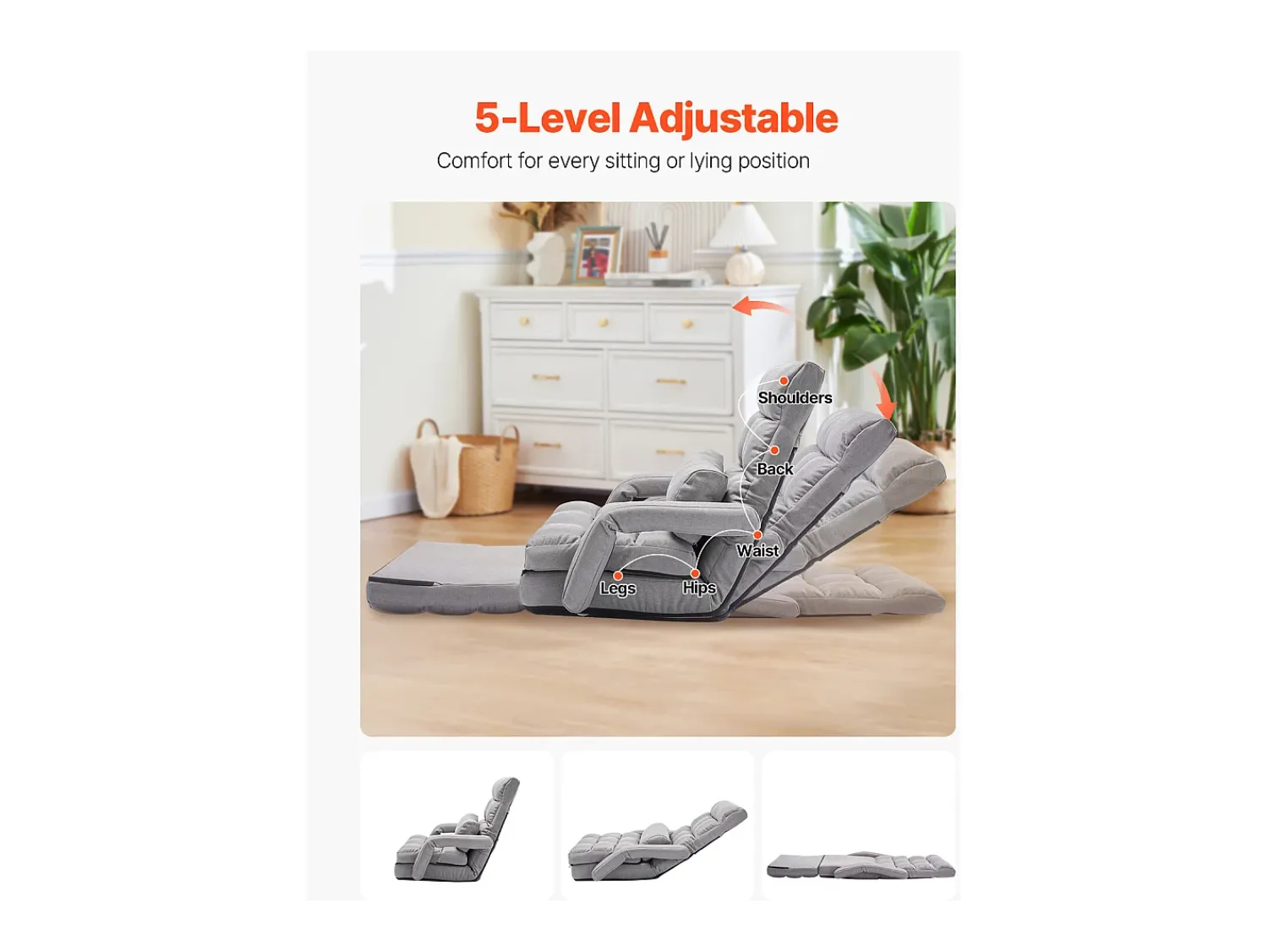 Poltrona* Cadeira de Chão SucceBuy Cadeira de Chão - 5 Posições Ajustáveis, Apoios de Braços - Cadeira Gaming de Chão, Ideal como Sofá-Cama com Almofada Cinzento