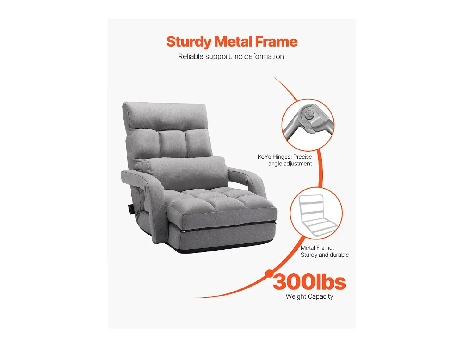 Poltrona* Cadeira de Chão SucceBuy Cadeira de Chão - 5 Posições Ajustáveis, Apoios de Braços - Cadeira Gaming de Chão, Ideal como Sofá-Cama com Almofada Cinzento