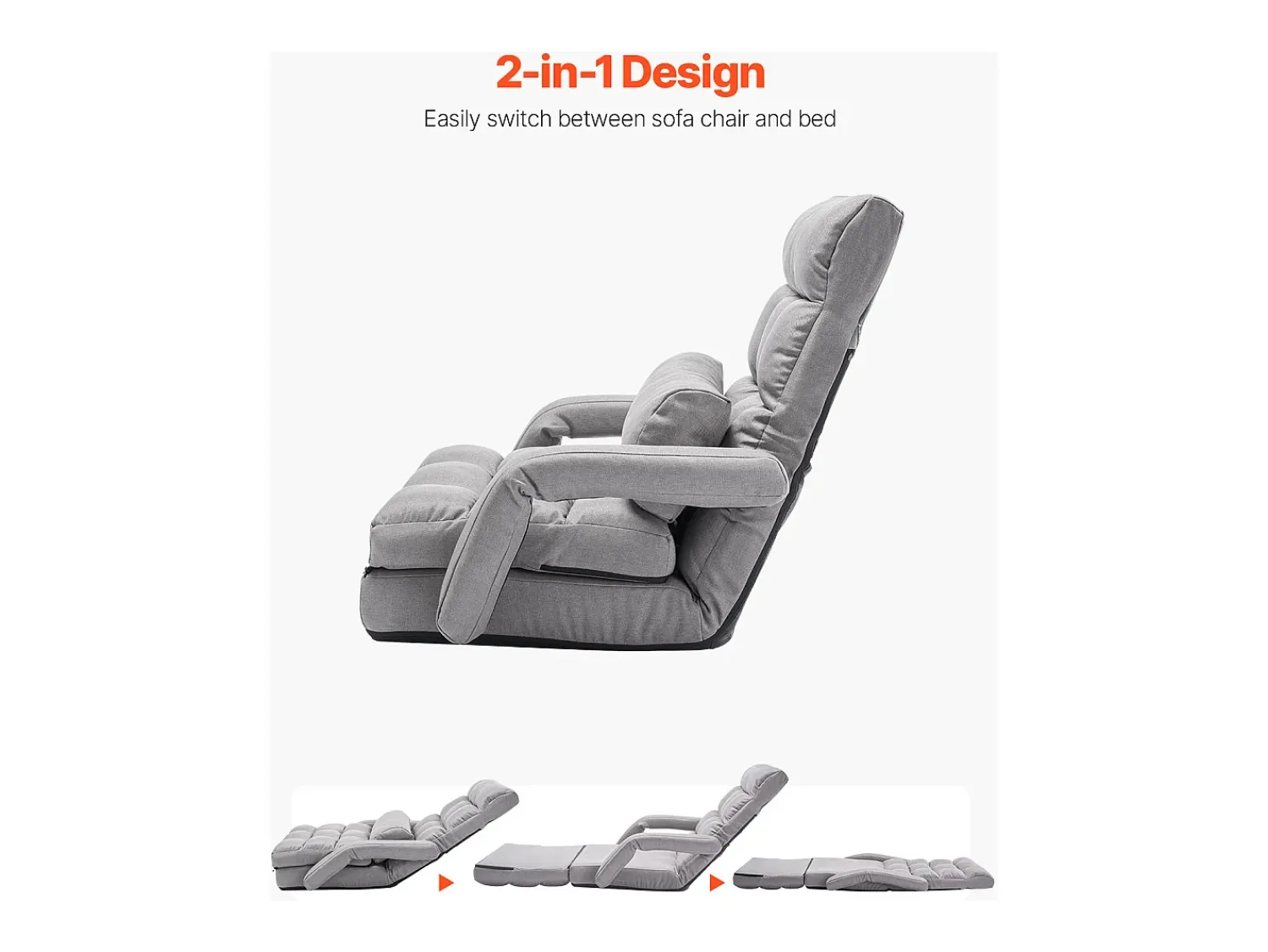 Poltrona* Cadeira de Chão SucceBuy Cadeira de Chão - 5 Posições Ajustáveis, Apoios de Braços - Cadeira Gaming de Chão, Ideal como Sofá-Cama com Almofada Cinzento