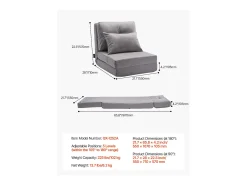 Poltrona* Cadeira de Chão SucceBuy Cadeira de Chão Convertível com 5 Posições Ajustáveis, Sofá-Cama Estofado com Encosto Ajustável, Estrutura Metálica e Almofada Cinzento