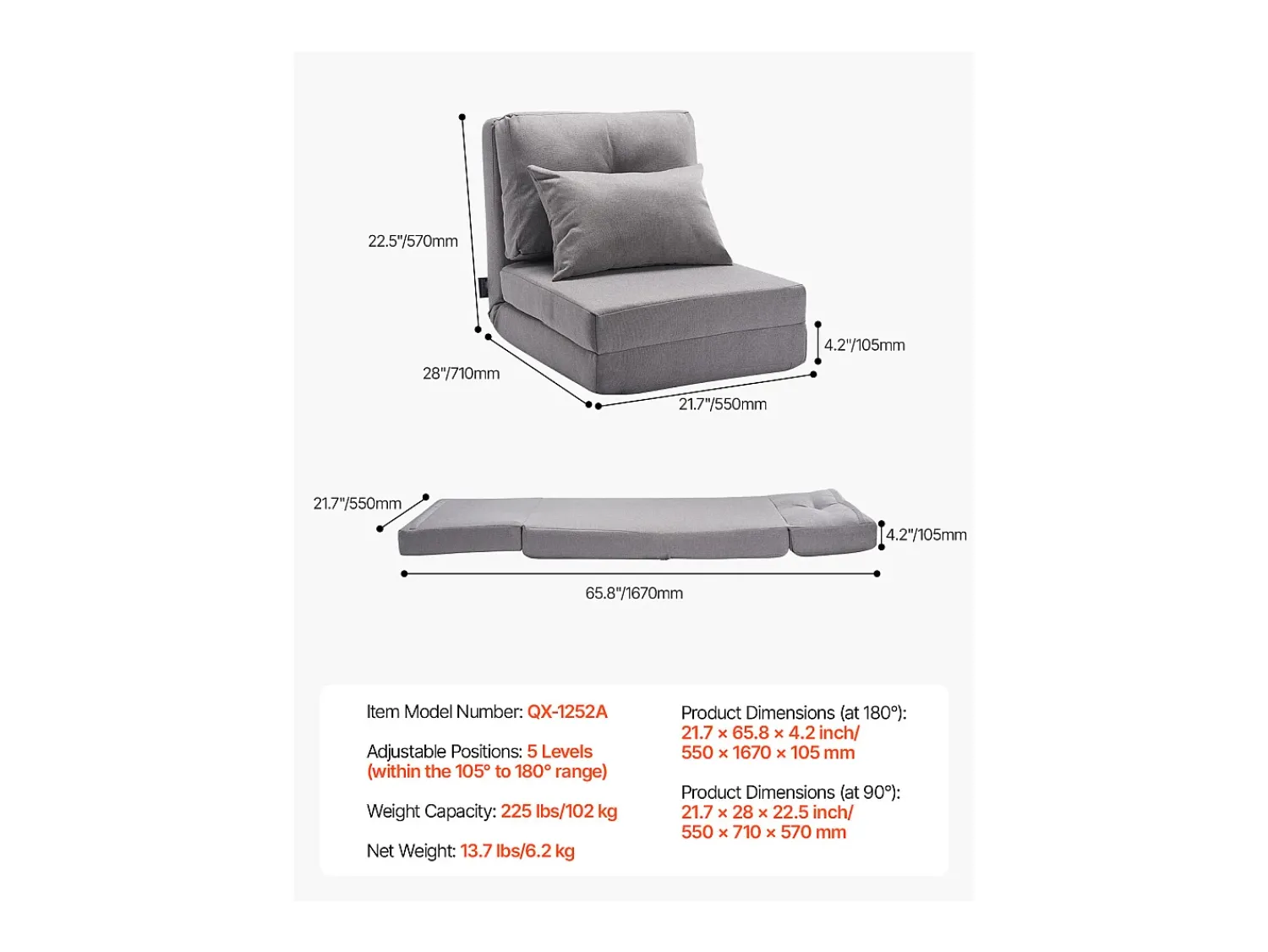 Poltrona* Cadeira de Chão SucceBuy Cadeira de Chão Convertível com 5 Posições Ajustáveis, Sofá-Cama Estofado com Encosto Ajustável, Estrutura Metálica e Almofada Cinzento