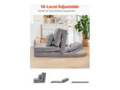Poltrona* Cadeira de Chão SucceBuy Cadeira de Chão Convertível com 5 Posições Ajustáveis, Sofá-Cama Estofado com Encosto Ajustável, Estrutura Metálica e Almofada Cinzento