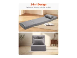 Poltrona* Cadeira de Chão SucceBuy Cadeira de Chão Convertível com 5 Posições Ajustáveis, Sofá-Cama Estofado com Encosto Ajustável, Estrutura Metálica e Almofada Cinzento