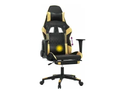 vidaxl Cadeira gaming massagens c/ apoio pés couro artif. Ouro/Preto Dourado