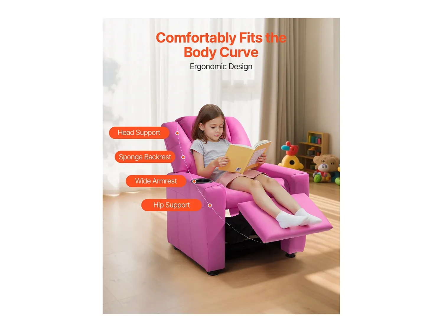 Cadeira Reclinável SucceBuy para Crianças, Cadeira Relaxante Ergonómica, com Porta-Copos e Bolsos, Encosto Ajustável de 101° a 121°, para Quartos Infantis,^ Poltrona