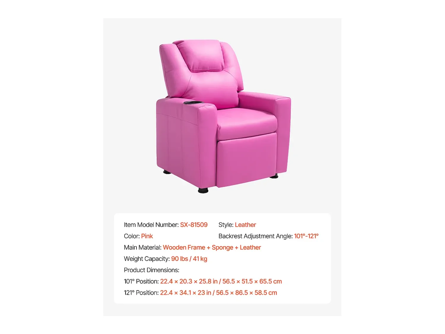 Cadeira Reclinável SucceBuy para Crianças, Cadeira Relaxante Ergonómica, com Porta-Copos e Bolsos, Encosto Ajustável de 101° a 121°, para Quartos Infantis,^ Poltrona