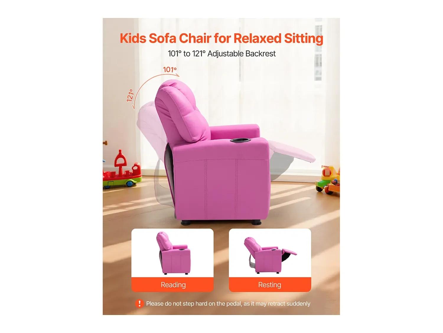 Cadeira Reclinável SucceBuy para Crianças, Cadeira Relaxante Ergonómica, com Porta-Copos e Bolsos, Encosto Ajustável de 101° a 121°, para Quartos Infantis,^ Poltrona