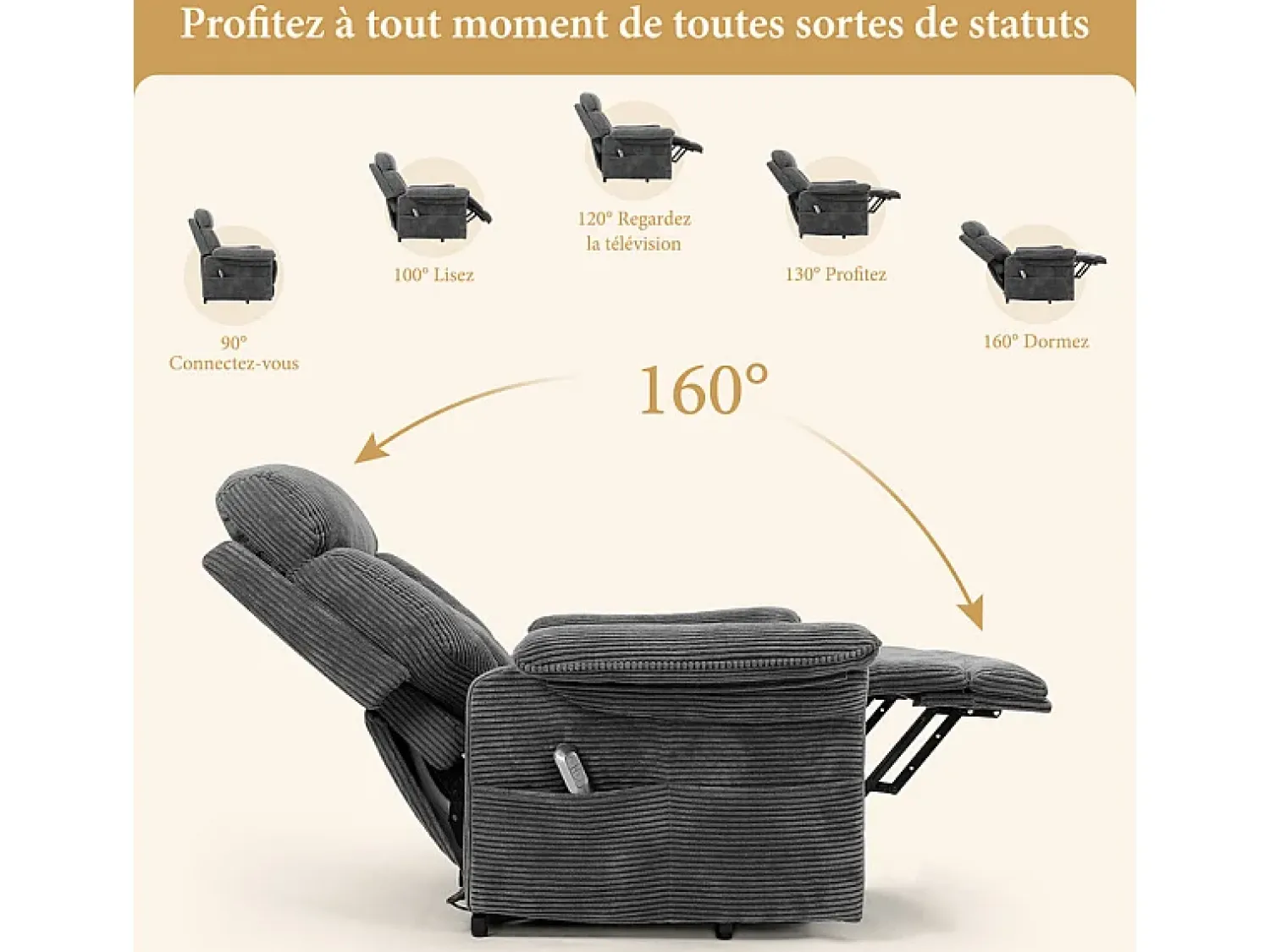 Online DripeX Cadeira relax de veludo cotelê com elevador elétrico, controle remoto, bolso lateral, regulável 90°-160°, Carga máxima de 150 kg, Cinza Cinzento