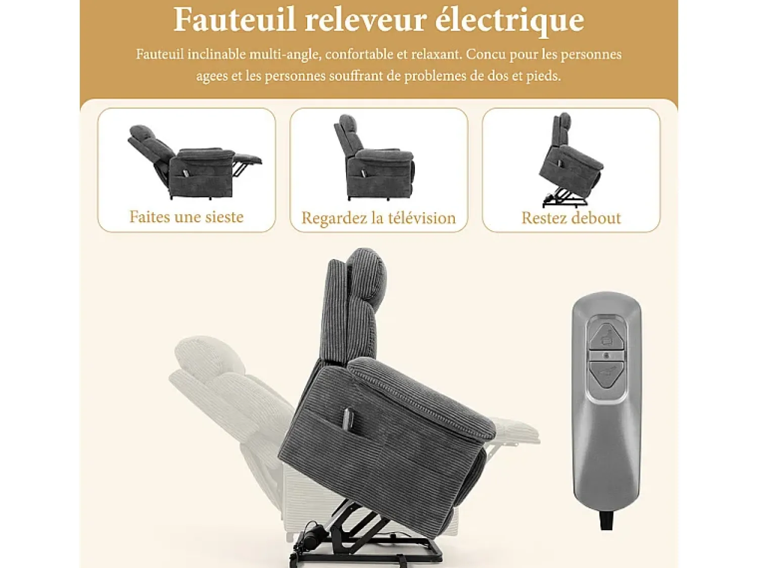 Online DripeX Cadeira relax de veludo cotelê com elevador elétrico, controle remoto, bolso lateral, regulável 90°-160°, Carga máxima de 150 kg, Cinza Cinzento