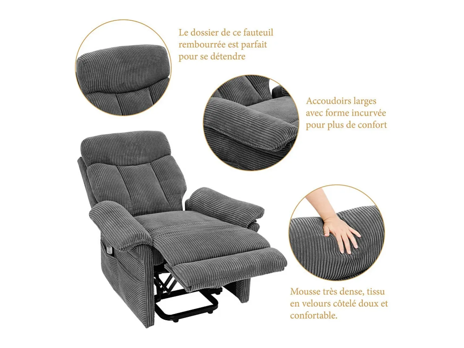 Online DripeX Cadeira relax de veludo cotelê com elevador elétrico, controle remoto, bolso lateral, regulável 90°-160°, Carga máxima de 150 kg, Cinza Cinzento