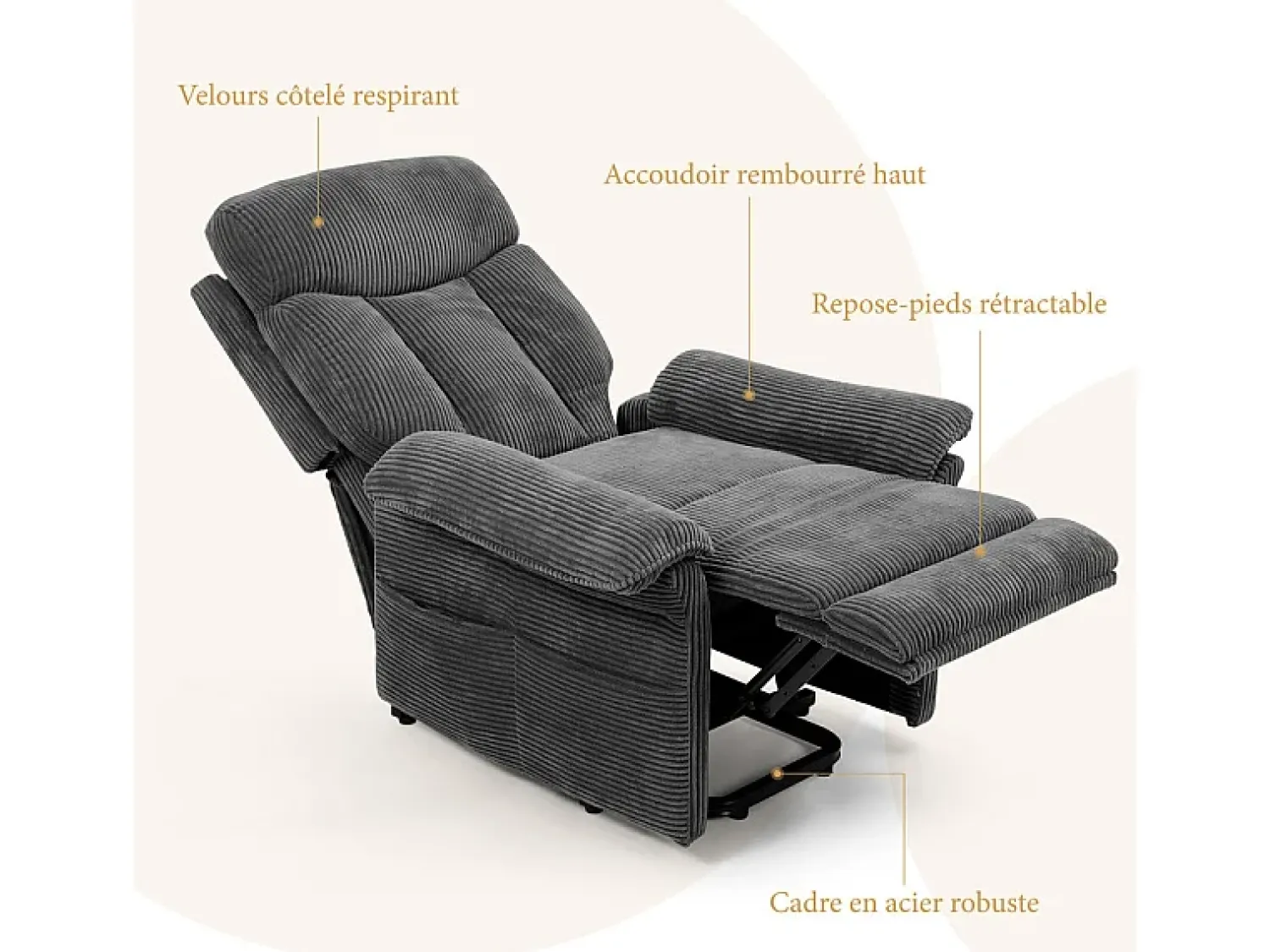Online DripeX Cadeira relax de veludo cotelê com elevador elétrico, controle remoto, bolso lateral, regulável 90°-160°, Carga máxima de 150 kg, Cinza Cinzento