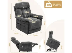 Online DripeX Cadeira relax de veludo cotelê com elevador elétrico, controle remoto, bolso lateral, regulável 90°-160°, Carga máxima de 150 kg, Cinza Cinzento