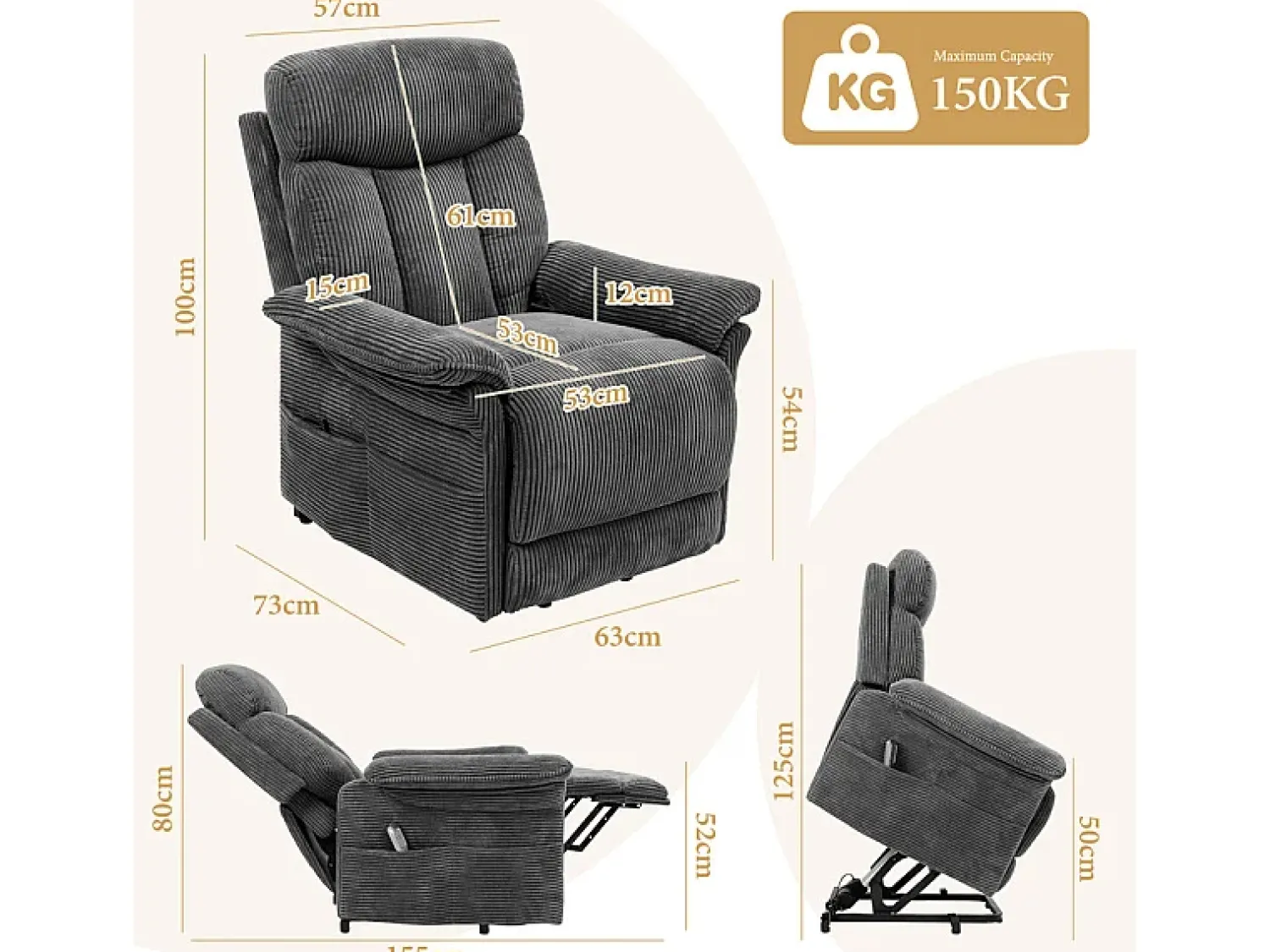 Online DripeX Cadeira relax de veludo cotelê com elevador elétrico, controle remoto, bolso lateral, regulável 90°-160°, Carga máxima de 150 kg, Cinza Cinzento
