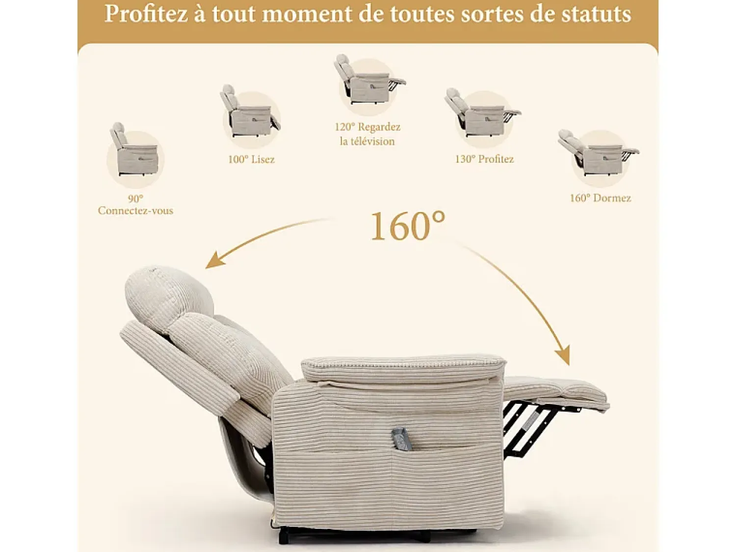 Poltrona|DripeX Cadeira relax de veludo cotelê com elevador elétrico, controle remoto, bolso lateral, regulável 90°-160°, Bege
