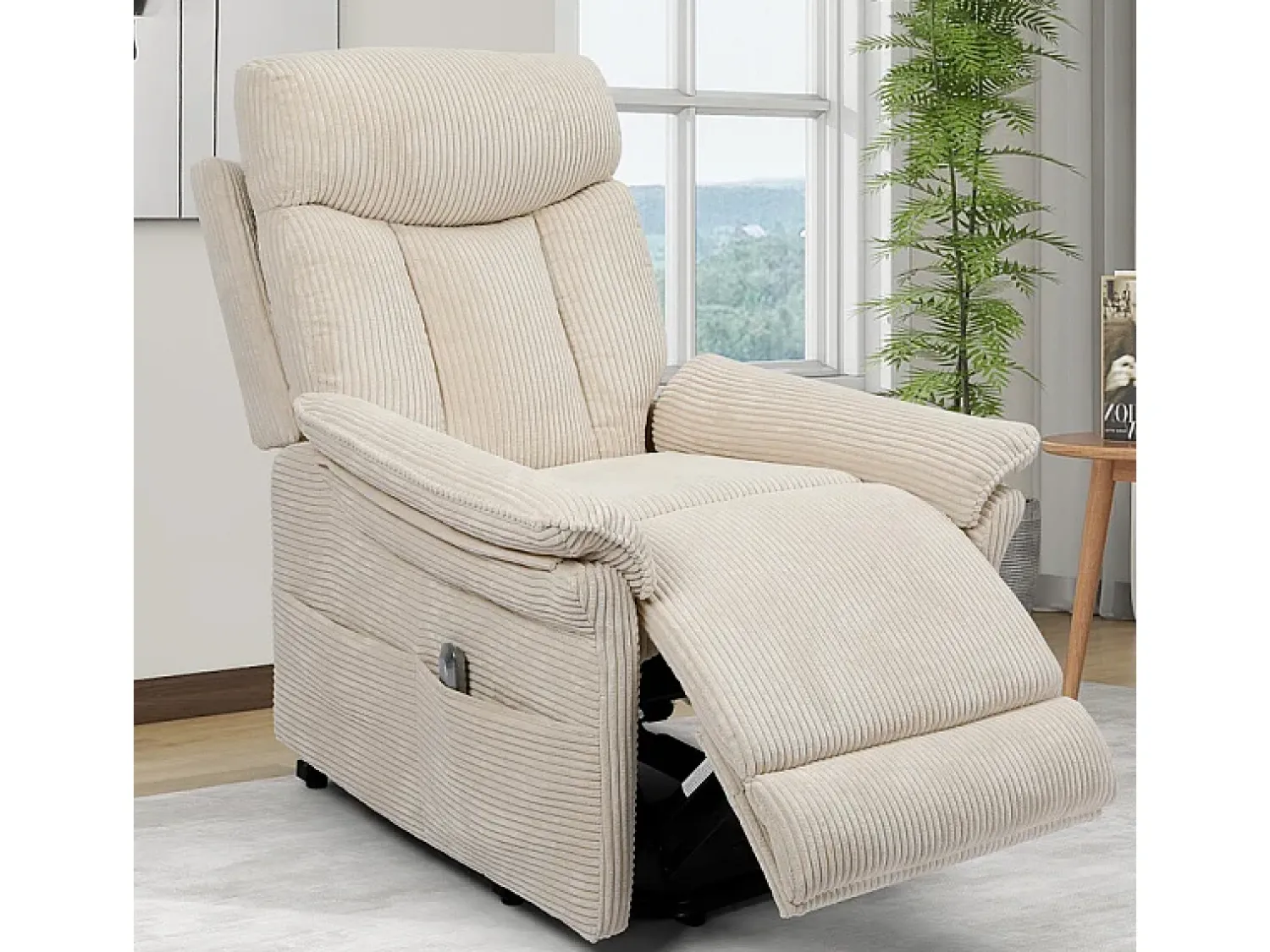 Poltrona|DripeX Cadeira relax de veludo cotelê com elevador elétrico, controle remoto, bolso lateral, regulável 90°-160°, Bege