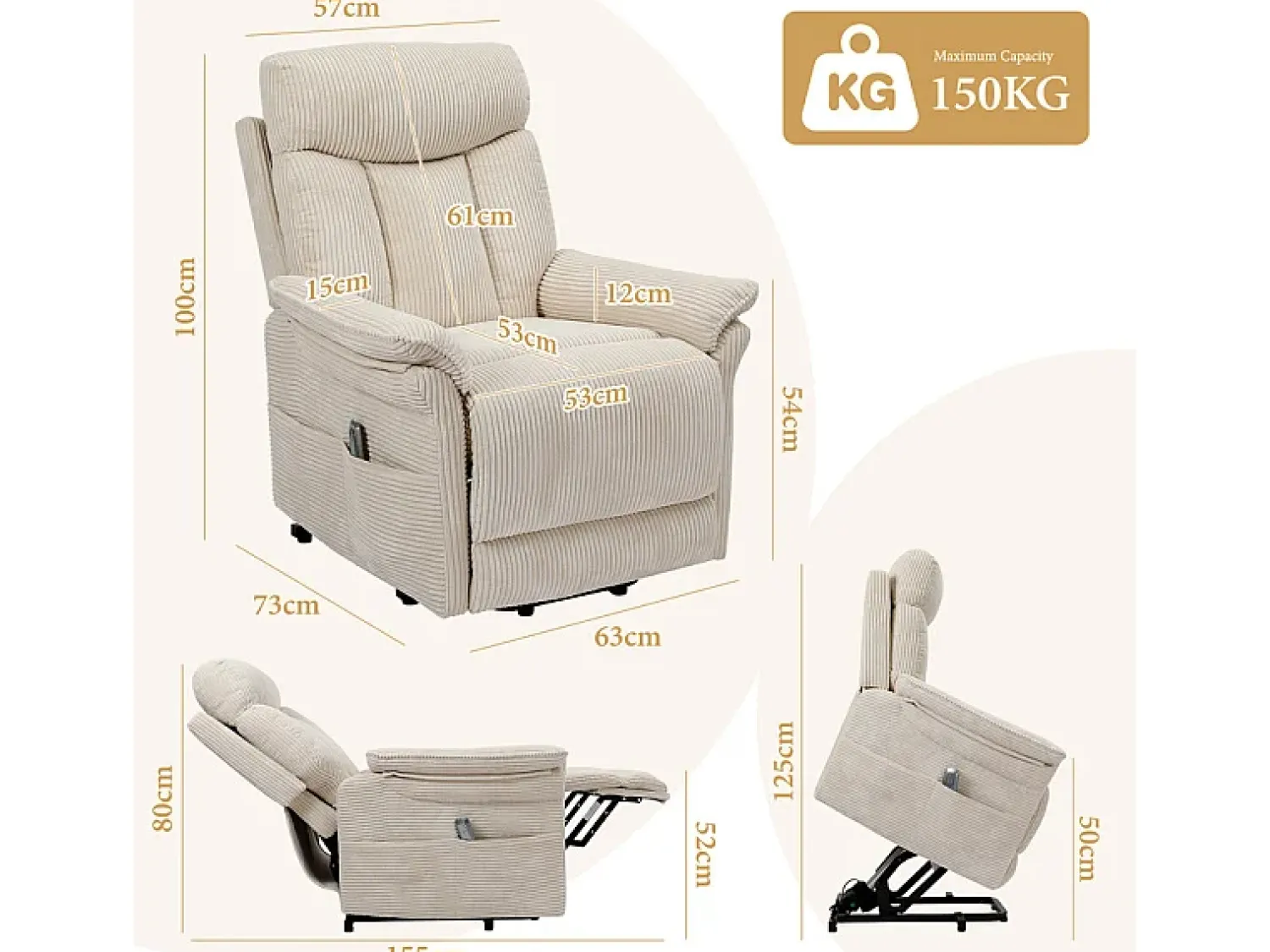 Poltrona|DripeX Cadeira relax de veludo cotelê com elevador elétrico, controle remoto, bolso lateral, regulável 90°-160°, Bege