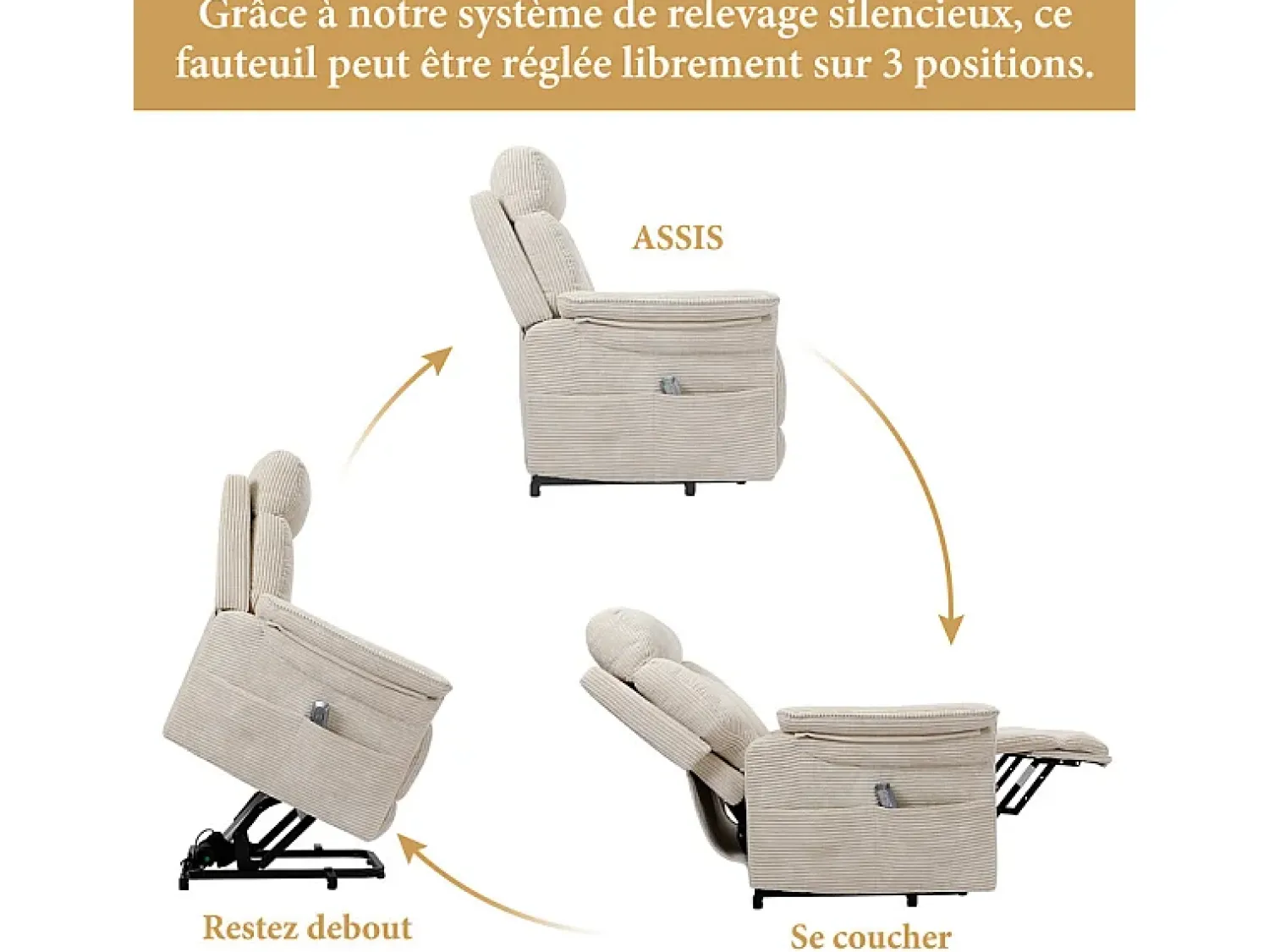 Poltrona|DripeX Cadeira relax de veludo cotelê com elevador elétrico, controle remoto, bolso lateral, regulável 90°-160°, Bege