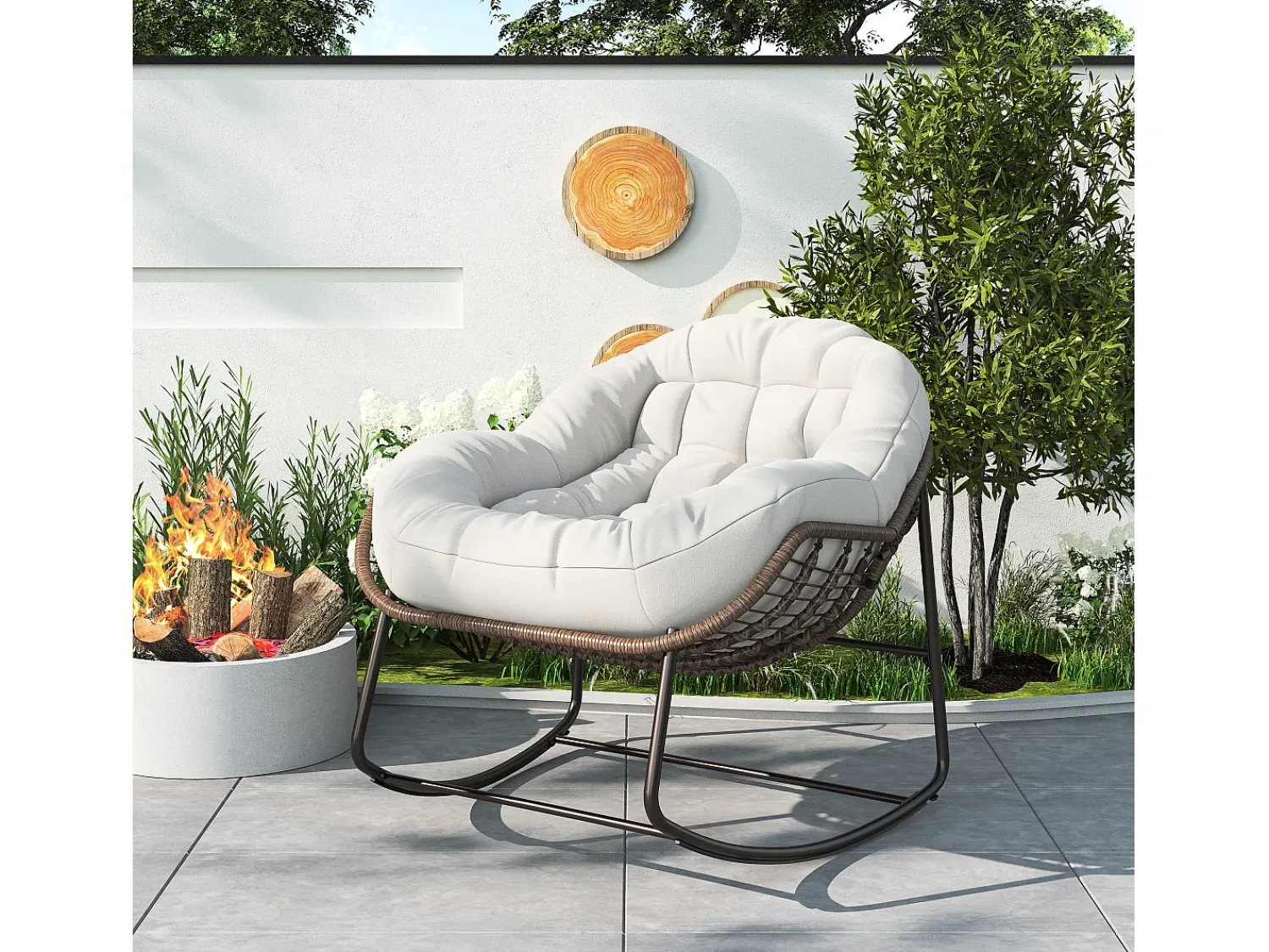 Poltrona* Cadeira relaxante, Cadeira de baloiço simples em vime, Cadeira em vime tecida à mão, Vime, Tecido impermeável, , 90 x 105 x 80 cm Bege
