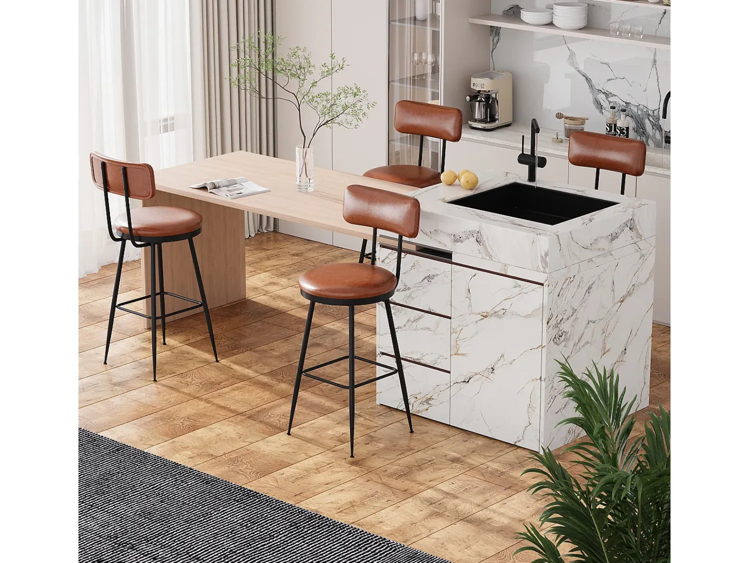 Banco* cadeiras de bar modernas com encosto, couro sintético marrom, estrutura de metal, assento com 65 cm de altura Castanho