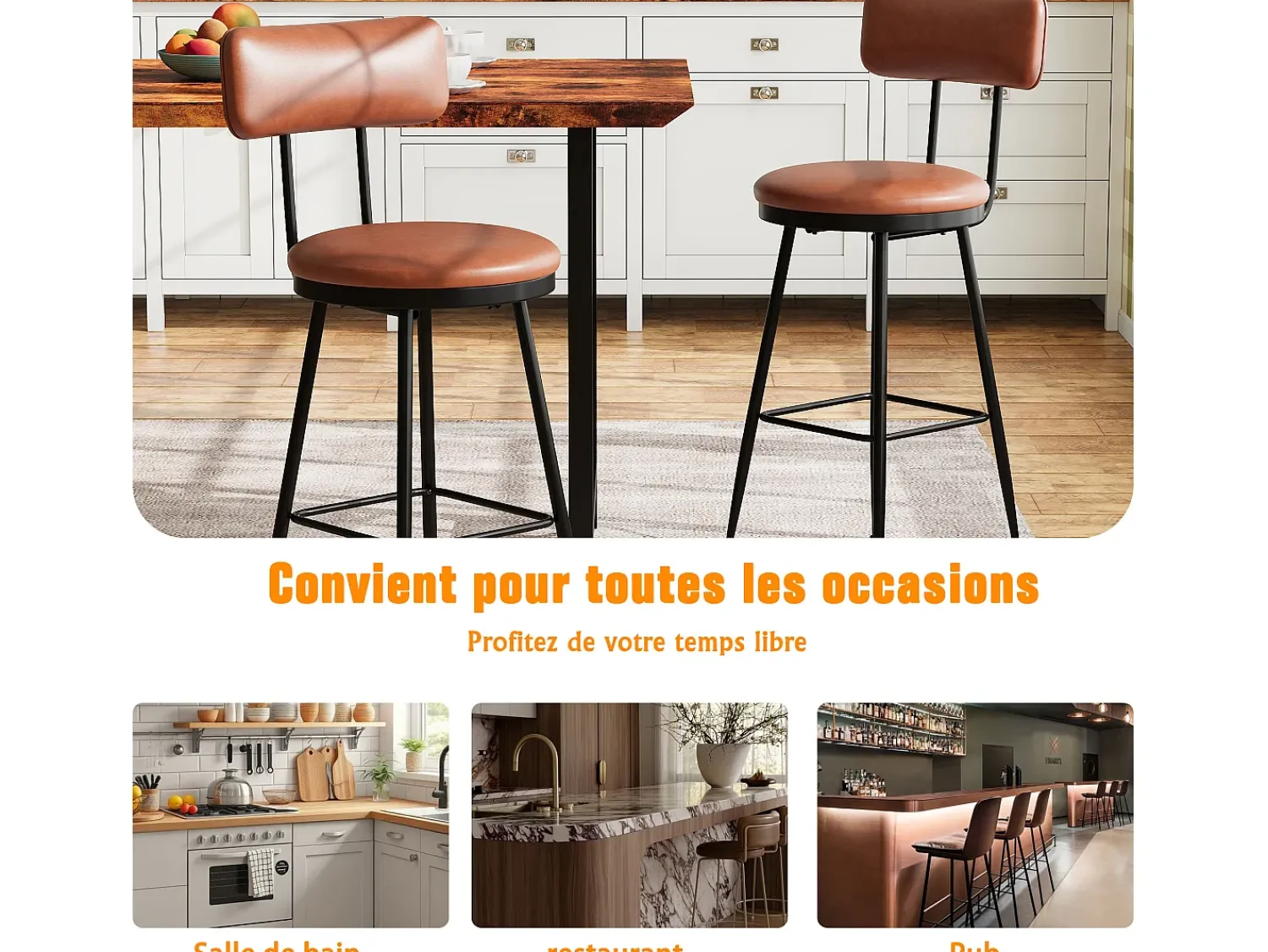 Banco* cadeiras de bar modernas com encosto, couro sintético marrom, estrutura de metal, assento com 65 cm de altura Castanho