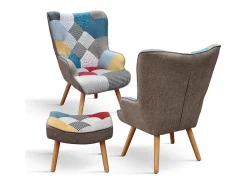 Poltrona* Cadeirão em tecido patchwork multicolorido, pernas de madeira, com apoio para os pés - HAVANA Multicor