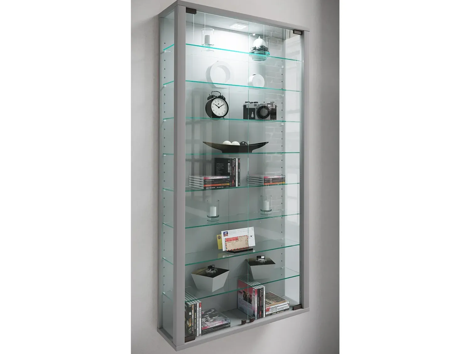 Vitrina*VCM Caixa de exposição de vidro pendurada | Vitrine de vidro com vidro de segurança ESG | Dimensões: A. 114 x L. 59 x P. 18 cm | Vitrosa Maxi (prata) Multicor