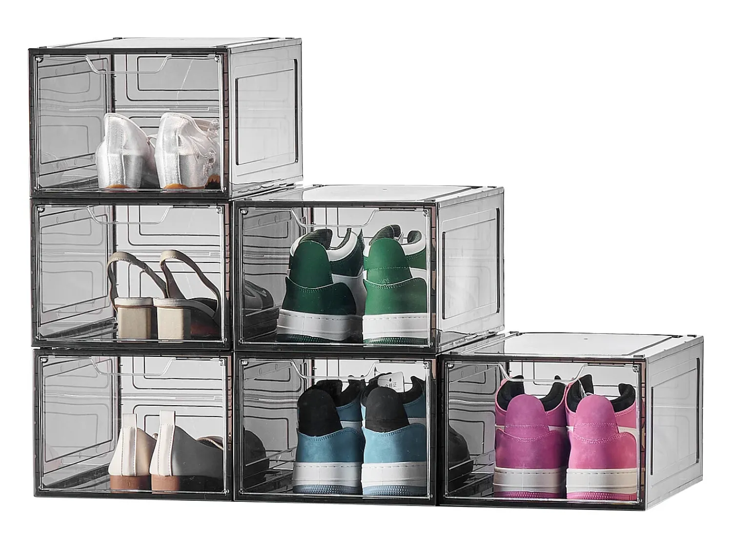 Caixas de Sapatos Empilháveis SucceBuy Conjunto de 6, Adequadas para Tamanhos até US 13, Plástico Robusto com Porta Magnética, Ideais para Saltos Preto