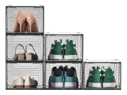 Caixas de Sapatos Empilháveis SucceBuy Conjunto de 6, Adequadas para Tamanhos até US 13, Plástico Robusto com Porta Magnética, Ideais para Saltos Preto