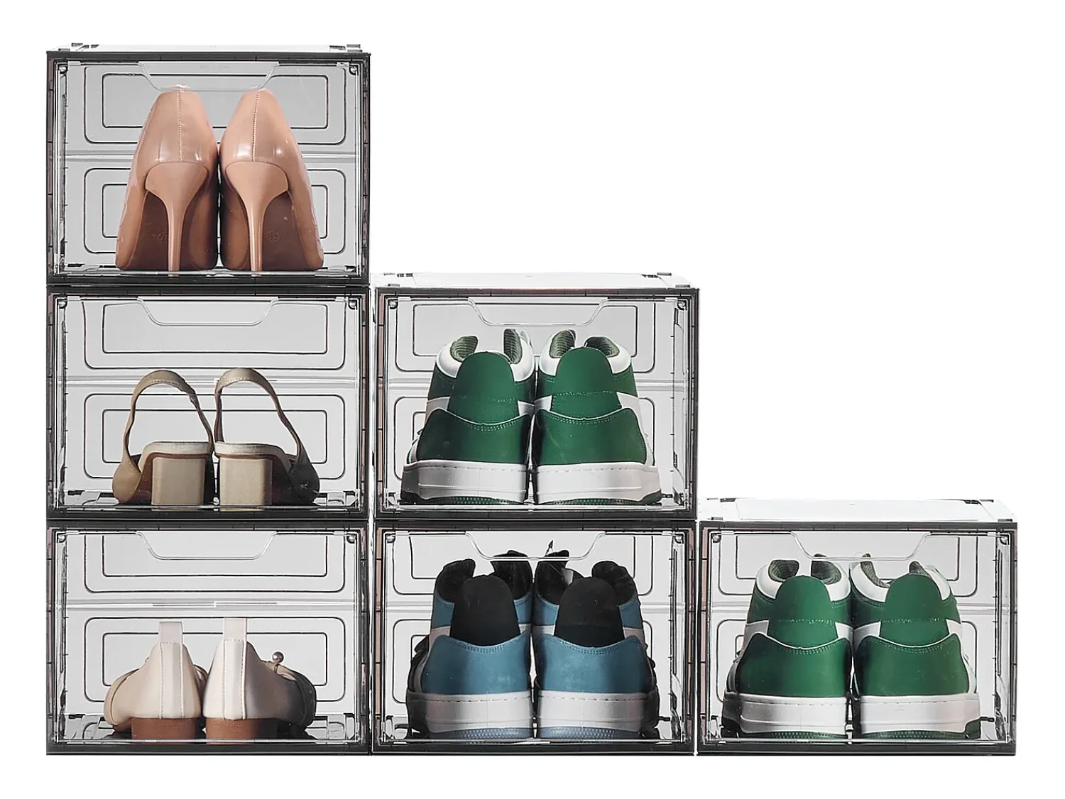 Caixas de Sapatos Empilháveis SucceBuy Conjunto de 6, Adequadas para Tamanhos até US 13, Plástico Robusto com Porta Magnética, Ideais para Saltos Preto
