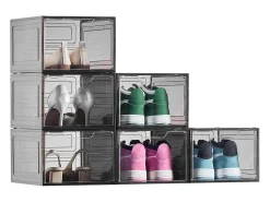 Caixas de Sapatos Empilháveis SucceBuy Conjunto de 6, Adequadas para Tamanhos até US 13, Plástico Robusto com Porta Magnética, Ideais para Saltos Preto