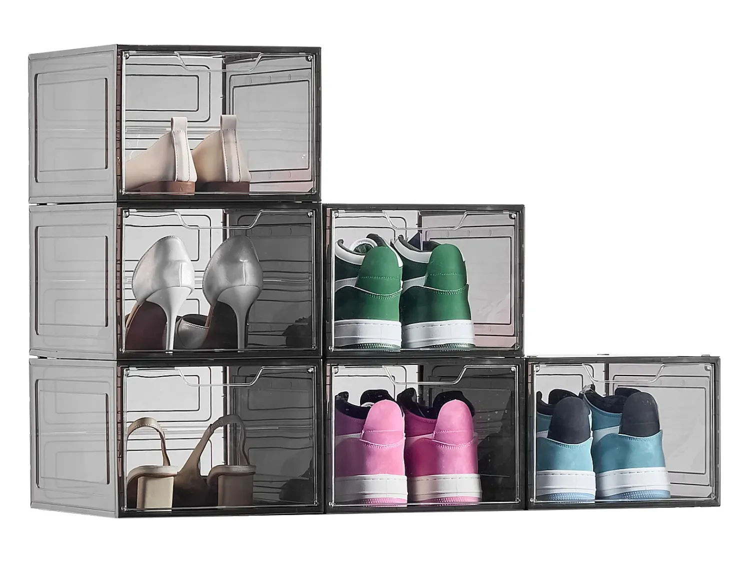 Caixas de Sapatos Empilháveis SucceBuy Conjunto de 6, Adequadas para Tamanhos até US 13, Plástico Robusto com Porta Magnética, Ideais para Saltos Preto