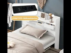 Merax Cama 90 x 200 cm com 5 gavetas, porta USB e compartimentos de armazenamento - madeira de pinho - cor branca^ Móvel De Entrada