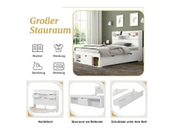 Merax Cama 90 x 200 cm com 5 gavetas, porta USB e compartimentos de armazenamento - madeira de pinho - cor branca^ Móvel De Entrada