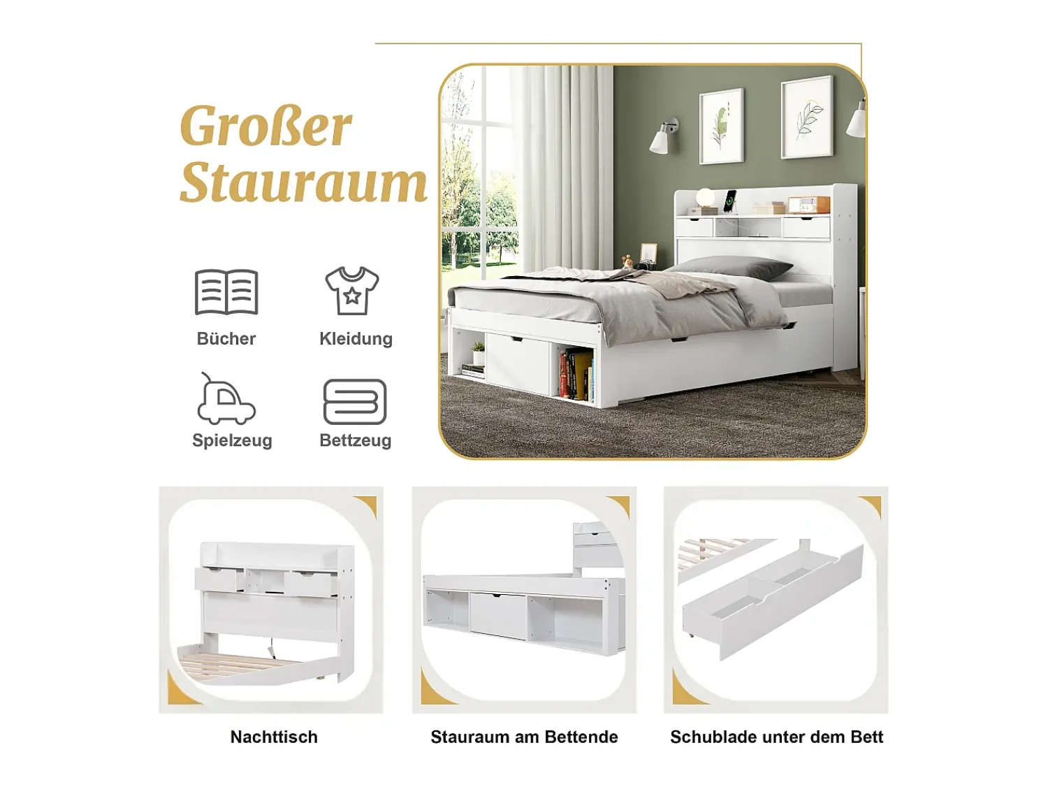 Merax Cama 90 x 200 cm com 5 gavetas, porta USB e compartimentos de armazenamento - madeira de pinho - cor branca^ Móvel De Entrada
