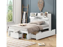 Merax Cama 90 x 200 cm com 5 gavetas, porta USB e compartimentos de armazenamento - madeira de pinho - cor branca^ Móvel De Entrada