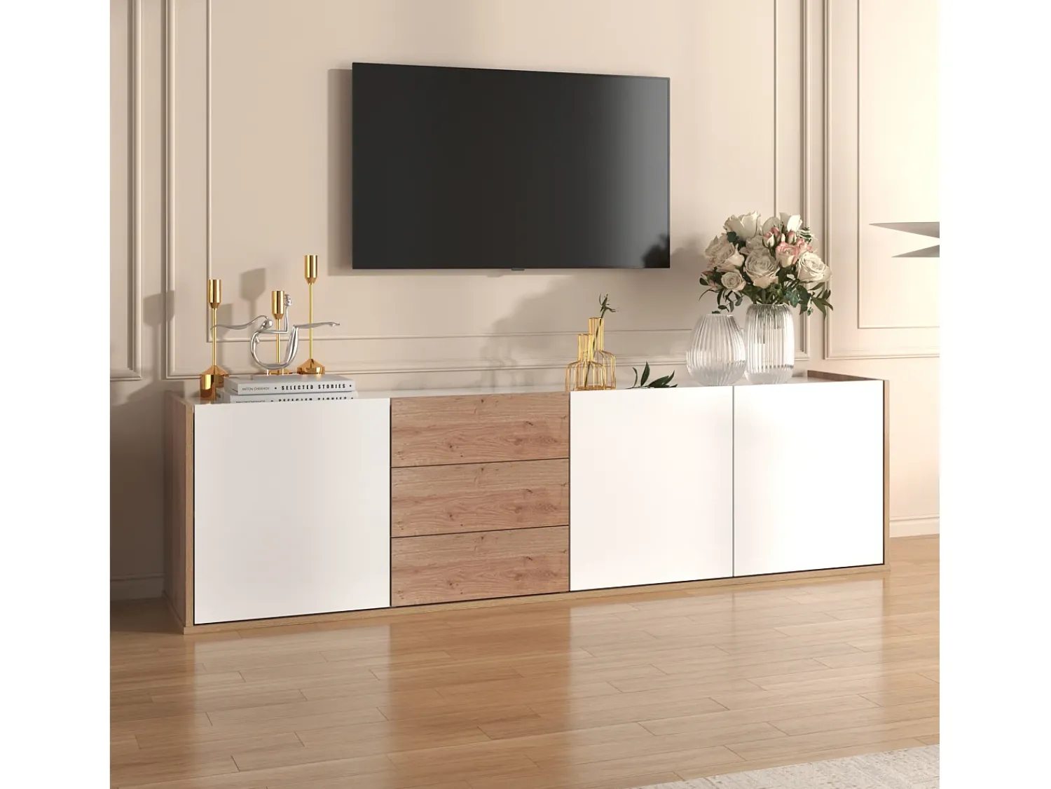 KOMHTOM Cama acolchoada para adulto 180 x 353 cm, sem cabeceira, com faixa LED (monocromática), base com suspensão hidráulica, bege.^ Móvel De Tv