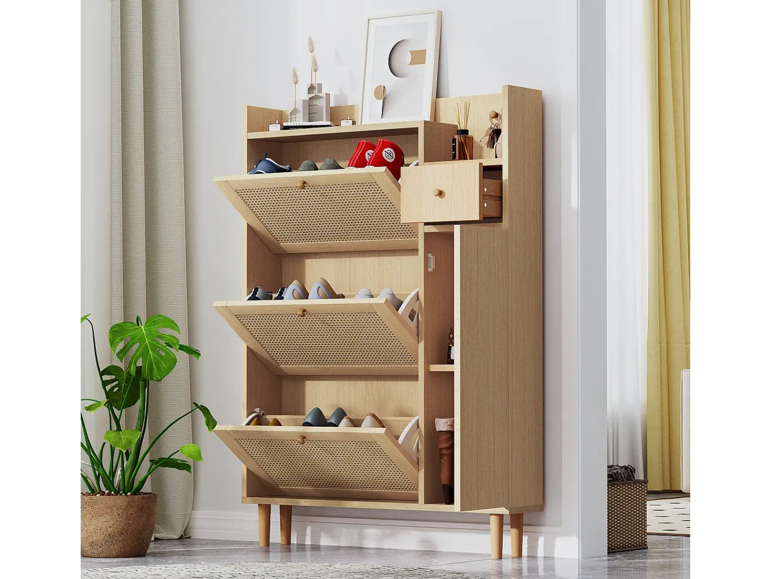 Móvel De Arrumação|Sapateira|KOMHTOM Cama acolchoada para adulto 180 x 396 cm, sem cabeceira, com faixa LED (monocromática), base com suspensão hidráulica, bege. Castanho