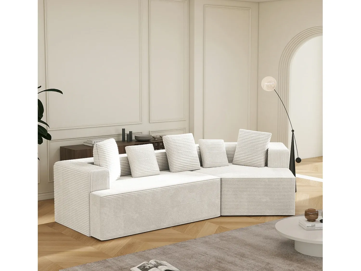 Sofá|KOMHTOM Cama acolchoada para adulto 180 x 1425 cm, sem cabeceira, com faixa LED (monocromática), base com suspensão hidráulica, bege. Branco