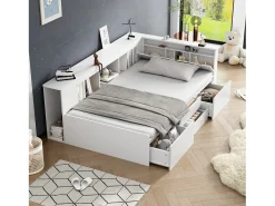 Merax Cama infantil 90 x 200 cm com 4 gavetas, estante e módulo de arrumação - madeira MDF - cor branca^ Móvel De Entrada