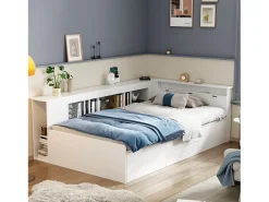 Merax Cama infantil 90 x 200 cm com 4 gavetas, estante e módulo de arrumação - madeira MDF - cor branca^ Móvel De Entrada