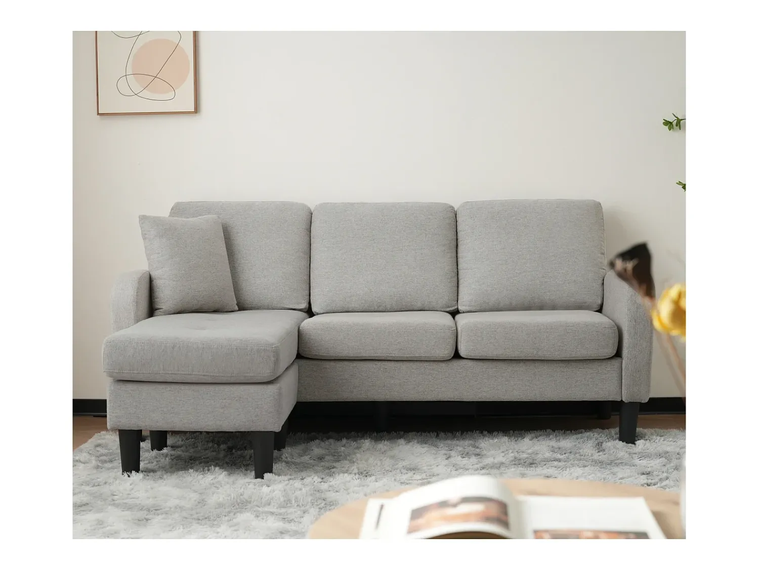 ModernLuxe Canapé d'angle avec méridienne - 3 places - tissu en coton et lin - Gris^ Sofá