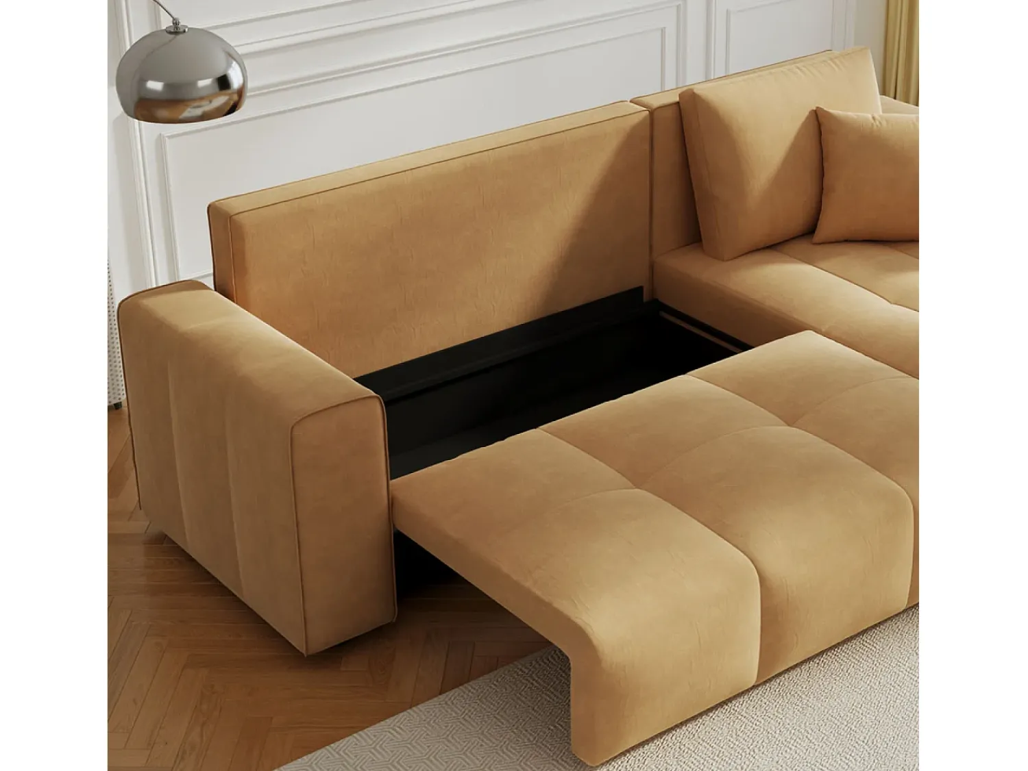 Sofá*Concept-Usine Canapé de canto conversível de 4 lugares em veludo BRIGHTON com baú e braços removíveis Amarelo