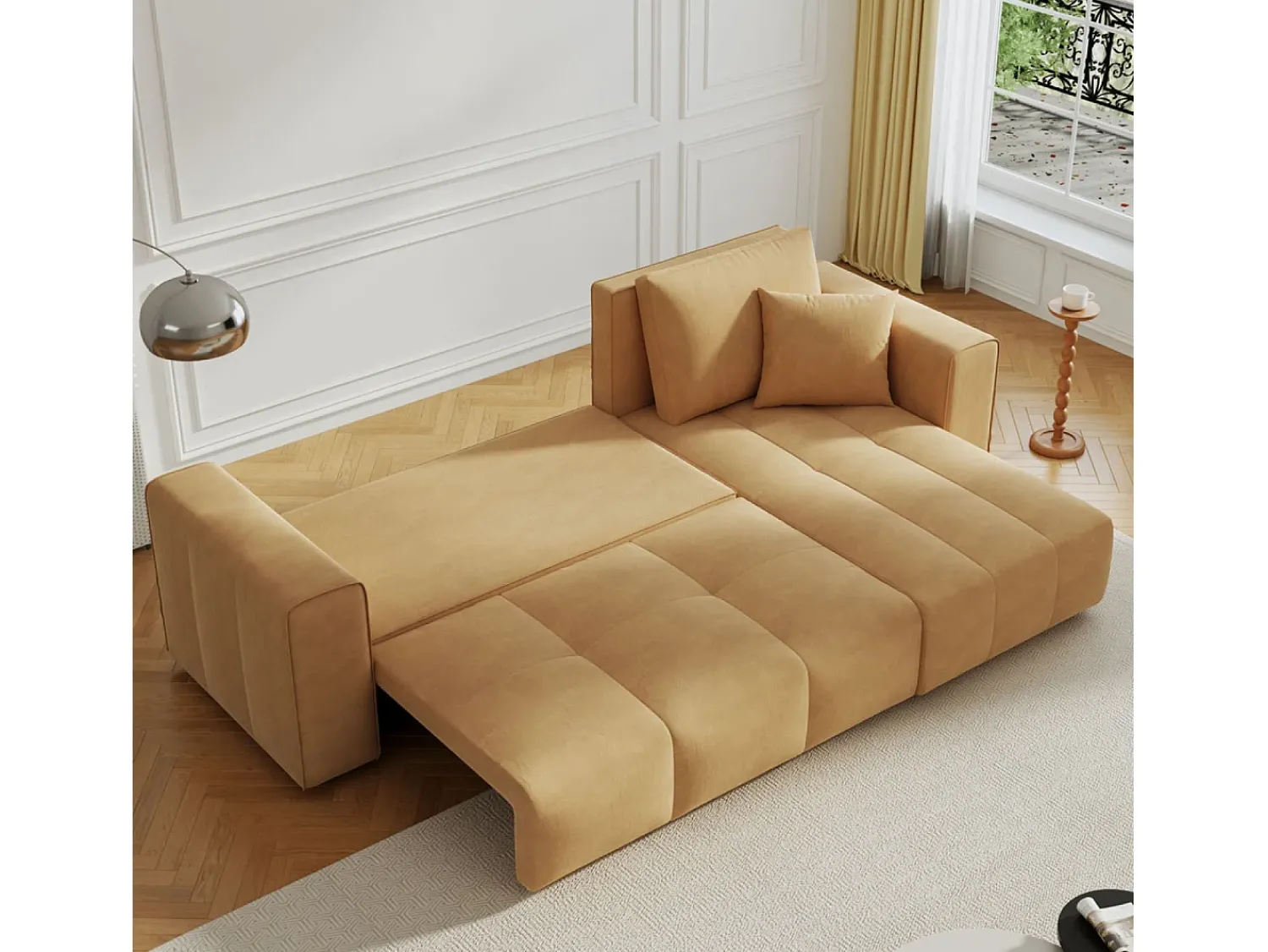 Sofá*Concept-Usine Canapé de canto conversível de 4 lugares em veludo BRIGHTON com baú e braços removíveis Amarelo