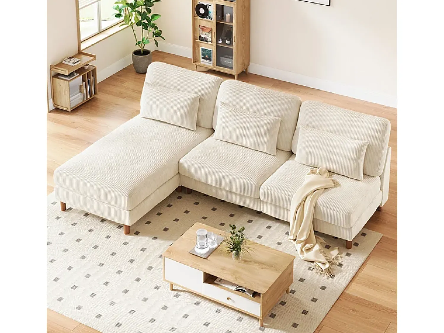 Outlet DripeX Canapé de canto reversível em veludo cotelê - 2 lugares + méridienne - - 256 x 160 x 88 cm Bege