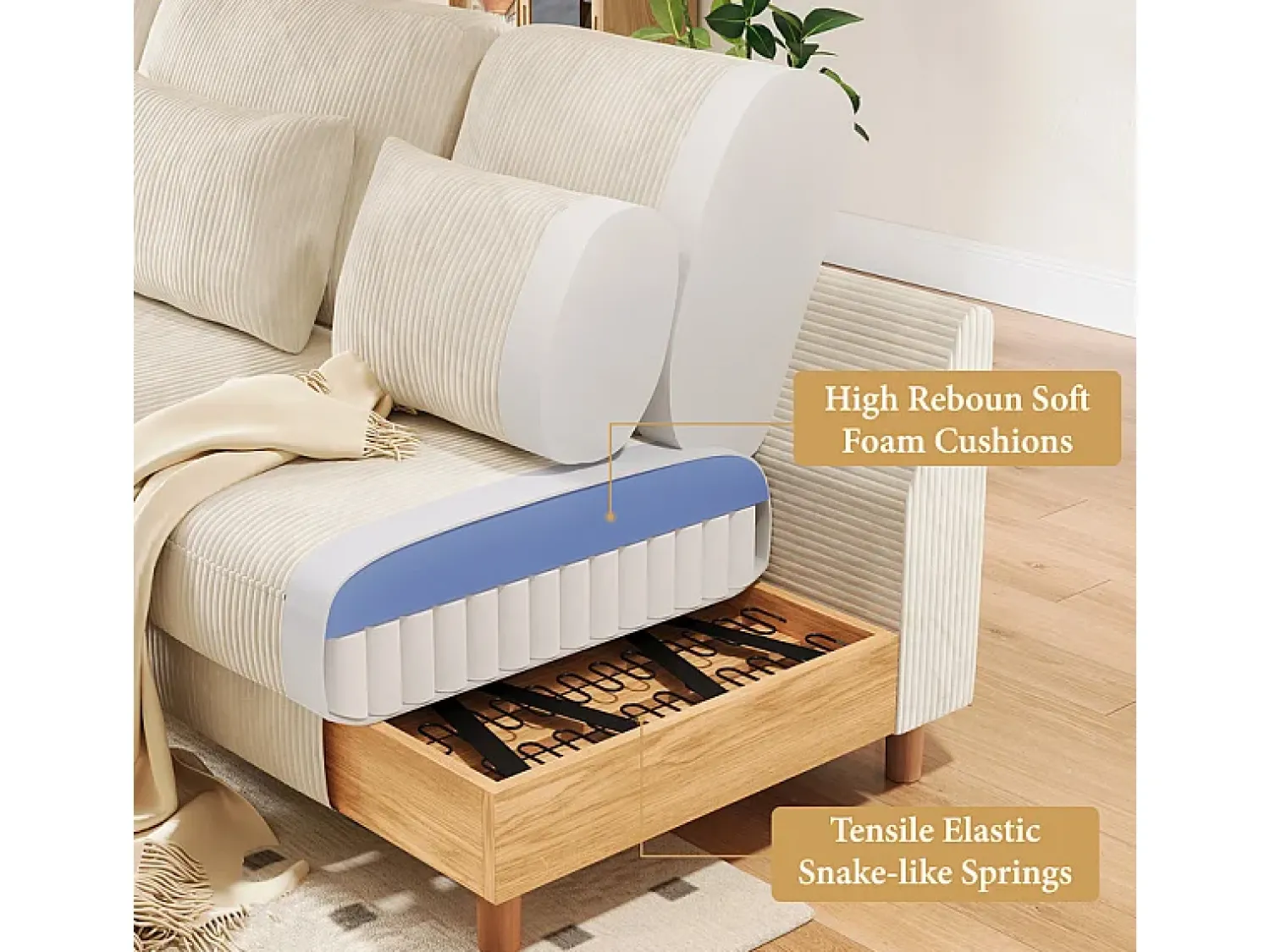 Outlet DripeX Canapé de canto reversível em veludo cotelê - 2 lugares + méridienne - - 256 x 160 x 88 cm Bege
