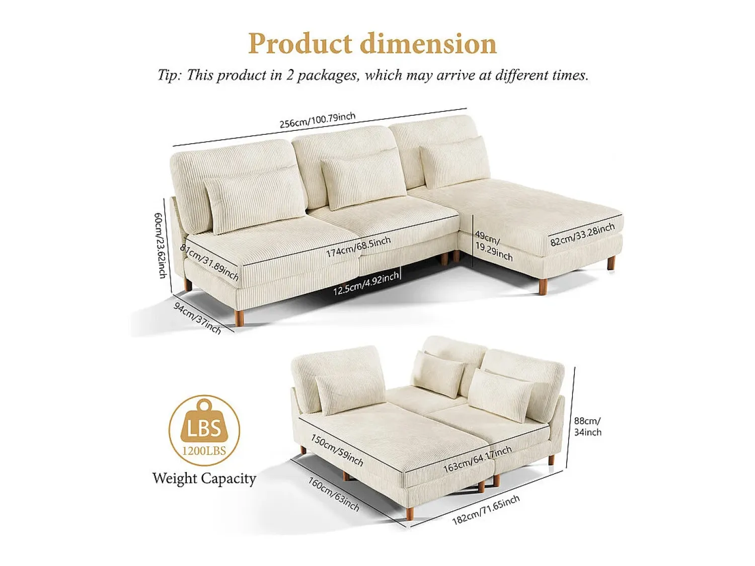 Outlet DripeX Canapé de canto reversível em veludo cotelê - 2 lugares + méridienne - - 256 x 160 x 88 cm Bege