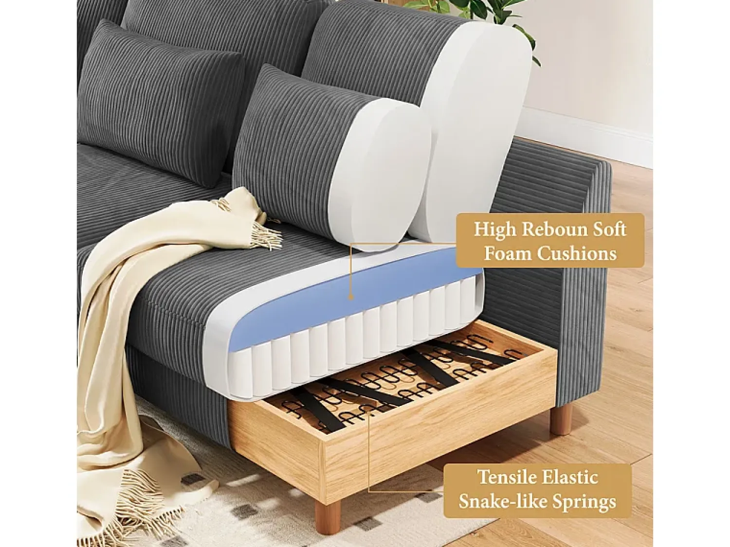 DripeX Canapé de canto reversível em veludo cotelê - 2 lugares + méridienne - Cinza - 256 x 160 x 88 cm^ Sofá