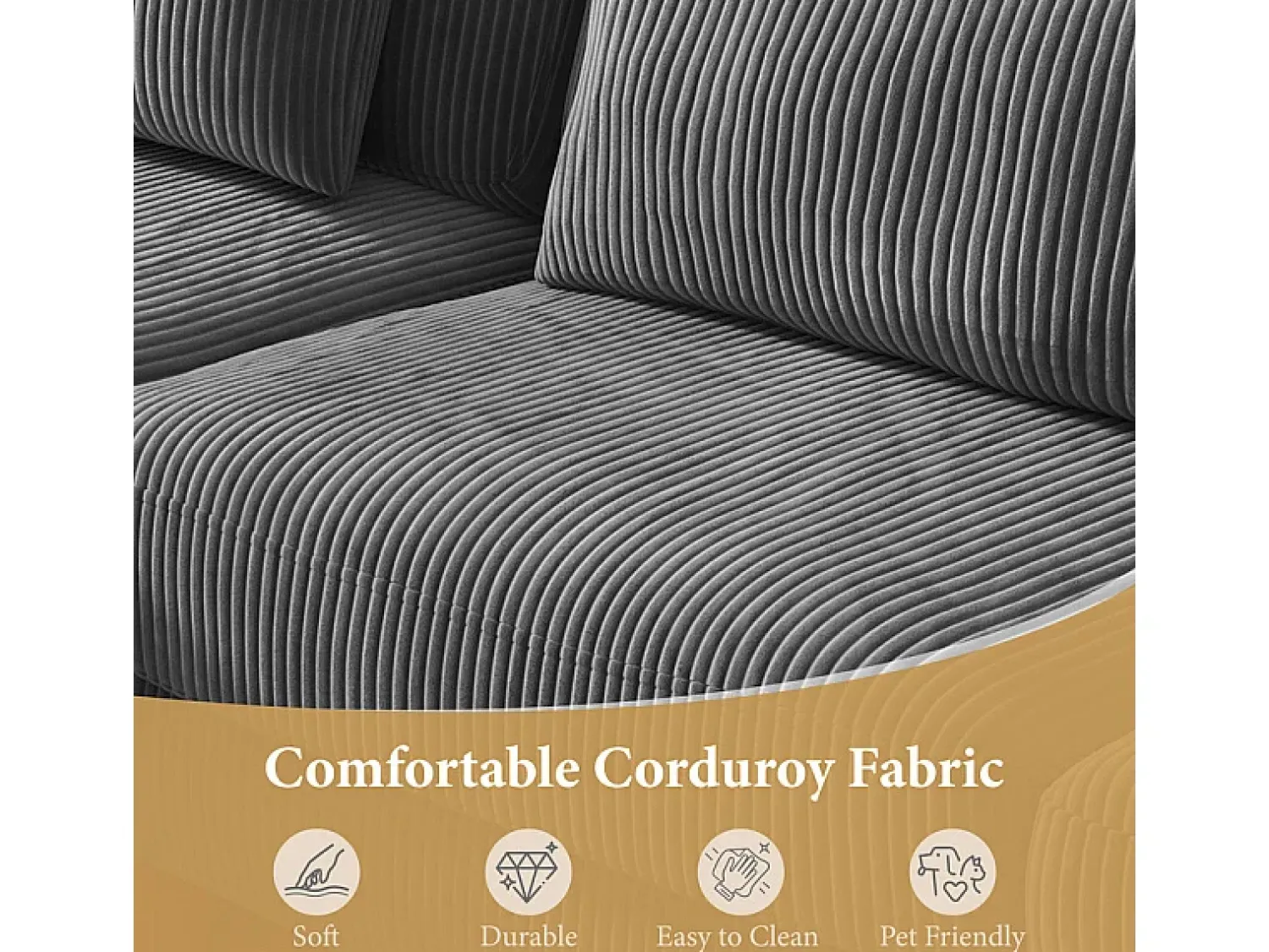 DripeX Canapé de canto reversível em veludo cotelê - 2 lugares + méridienne - Cinza - 256 x 160 x 88 cm^ Sofá