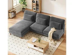 DripeX Canapé de canto reversível em veludo cotelê - 2 lugares + méridienne - Cinza - 256 x 160 x 88 cm^ Sofá