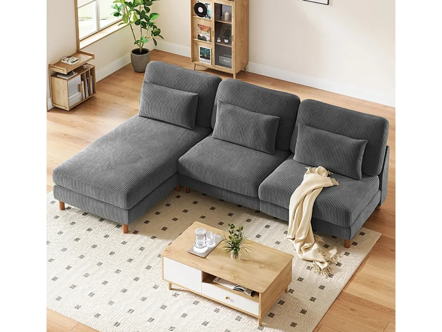 DripeX Canapé de canto reversível em veludo cotelê - 2 lugares + méridienne - Cinza - 256 x 160 x 88 cm^ Sofá
